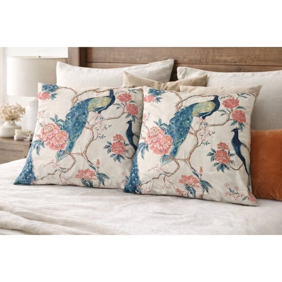 Z Gallerie Other - Z Gallerie Peacock Floral Pillowcases Set of 2 Chinoiserie Ivory 22x28